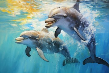 Intelligent Pair loving dolphins. Ocean fun. Generate Ai