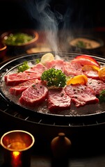 Thin slices of raw beef on a beef grill, meat starting to sear and sizzle, authentic Japanese restaurant, table side grilling