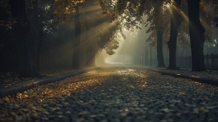  the sun shines through the trees on a foggy day in a park with leaves on the ground and a bench on the side of the road.