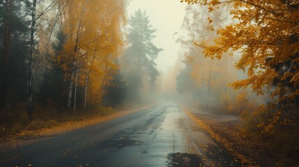  a foggy road in the middle of a forest with lots of trees and leaves on the side of the road.