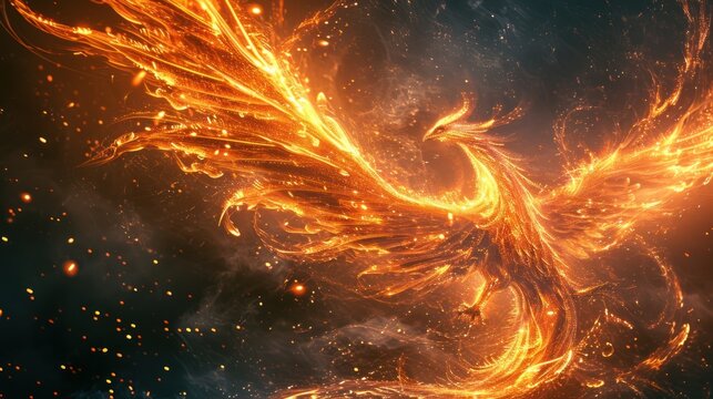 A phoenix made from fire and lights.