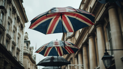 Many floating umbrellas with Union Jack styling are open on a London street during rainy weather. 