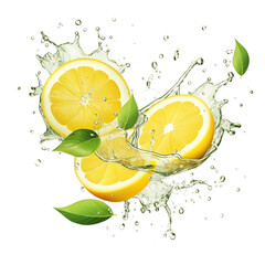 realistic fresh ripe lemon with slices falling inside swirl fluid gestures of milk or yoghurt juice splash png isolated on a white background with clipping path. selective focus