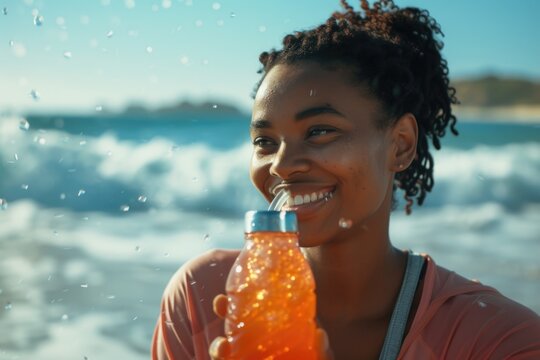 Woman Holding Bottle of Orange Juice. Generative AI.