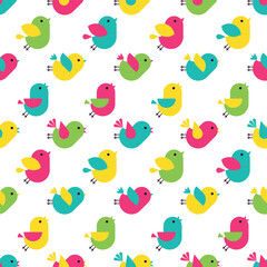 Bright background with colorful little flying and singing birds. Simple childish seamless pattern with funny happy birdies. Texture for wallpaper, textile, fabric, home decor