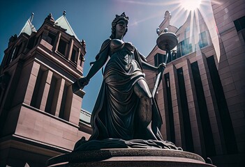 Sunny view of Courthouse building and Lady of Justice statue. Generative AI