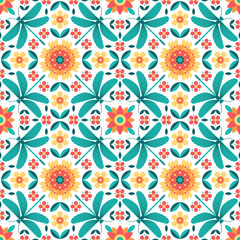 Spring nature background with dragonfly and flowers. Floral geometric seamless pattern with dragonflies. Texture for wallpaper, textile, fabric, packaging, home decor