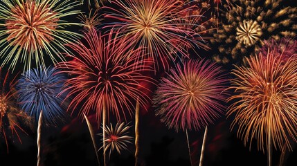 Fototapeta premium Beautiful fireworks show to celebrate Chinese lunar new year. Abstract over black background.