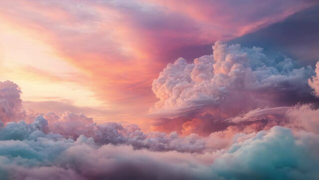 Scenic view of the evening sky above clouds at sunset time. Generative AI Video. ProRes HQ 59.94 FPS available in 4K 16:9.
