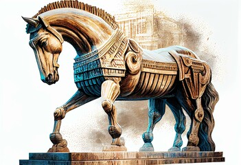 Trojan horse color sketch engraving PNG illustration with transparent background. Generative AI