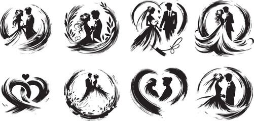 beauty hand draw love vector, wedding pair set brush painting, black and white graphics