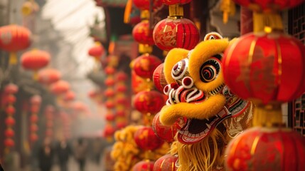 Lion dance in street with firecrackers as the traditional Chinese folk event activities during Chinese lunar new year celebration.