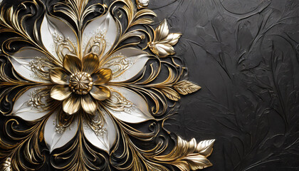 abstract black and gold and white floral pattern background with emboss on metal black background with copy space