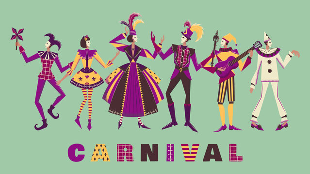 Colorful characters of the Venetian carnival. Theater actors in carnival costumes. King, Queen and their entourage. Flat vector illustration.