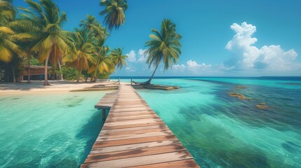  a dock leading to a tropical beach with palm trees on the other side of the water and a hut on the other side of the water.