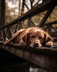  a brown dog laying on top of a wooden bridge next to a body of water with trees in the background.