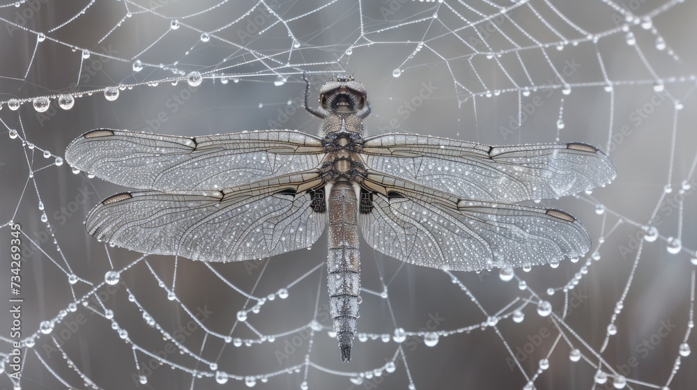 Wall mural a large dragonfly sitting on top of a web covered in drops of water on a wet spiderweave.