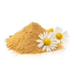 close up pile of finely dry organic fresh raw chamomile flower powder isolated on white background. bright colored heaps of herbal, spice or seasoning recipes clipping path. selective focus