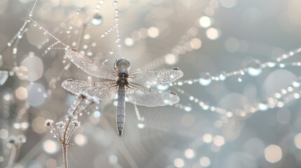  a close up of a dragonfly on a plant with water droplets on it's wings and a blurry background.