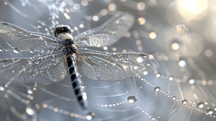  a close up of a dragonfly with drops of water on it's wings and a blurry background. - obrazy, fototapety, plakaty
