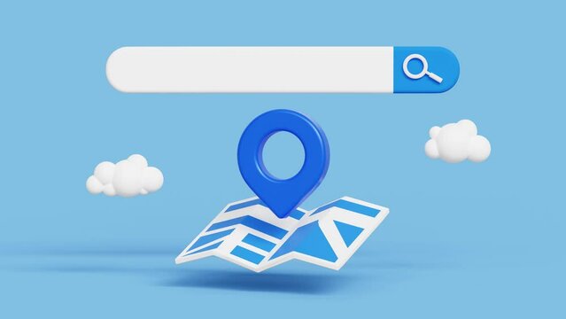 3D travel search, trip vacation or tourism concept. Location folded paper map, search bar with navigation pin. 4k 3d loop animation
