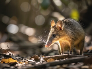 A small bandicoot foraging amongst the forest leaves in sunlight.