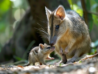Naklejka na ściany i meble A bandicoot with her young bonding and foraging on the forest floor together.