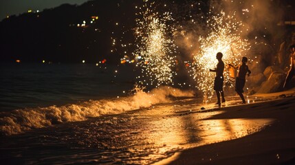 Fototapeta premium People play with sparkler fireworks on beach in holiday celebration event party.