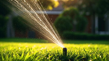 Garden watering system with automatic sprinklers for watering a green lawn. - obrazy, fototapety, plakaty
