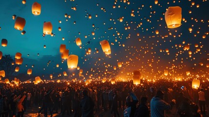 Many sky lantern taking off to celebrate Chinese lunar new year. - obrazy, fototapety, plakaty