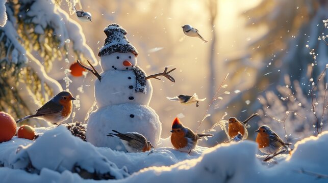  a group of birds standing around a snowman with a snowman made of birds in the foreground and a snowman made of birds in the background.