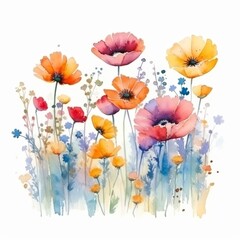 Exquisite assortment of multicolored wildflowers blossoming on a crisp white background