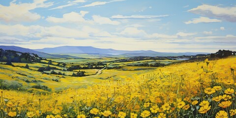 Yellow meadow field with many flowers. Nature outdoor landscape background scene with travel relaing drawing vibe