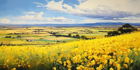 Yellow meadow field with many flowers. Nature outdoor landscape background scene with travel relaing drawing vibe