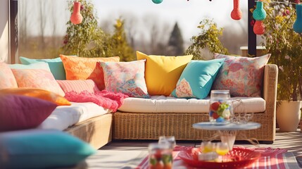 an outdoor sofa set bathed in warm sunlight, adorned with vibrant Easter-themed cushions and decorations. The colors pop, creating a welcoming atmosphere.