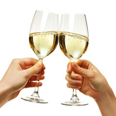 Man and woman hand with champagne glasses clinking isolated on a transparent background