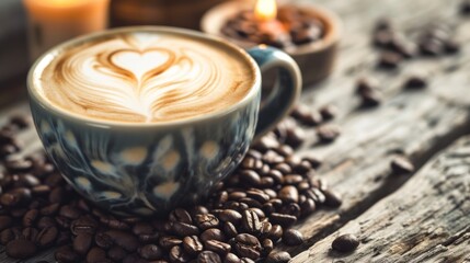 Obraz na płótnie Canvas Coffee with heart shape latte art coffee beans on table.