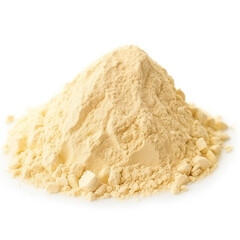 close up pile of finely dry organic fresh raw chickpea flour powder isolated on white background. bright colored heaps of herbal, spice or seasoning recipes clipping path. selective focus