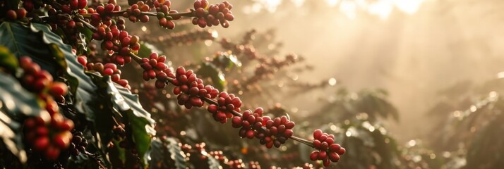Fresh coffee berries from plantation farm at sunrise in a foggy morning.