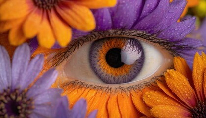 An eye with purple and orange flowers