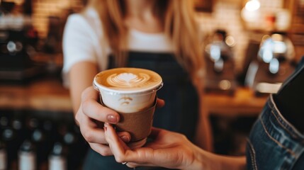 A barista is handling to a customer a coffee with heart shape latte art with milk in a coffee shop.