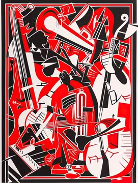 The image showcases an abstract piece of art characterized by sharp geometric shapes, intersecting lines, and a bold contrast of red, black, and white colors. The absence of representational forms giv