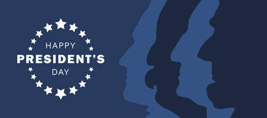 Happy Presidents Day banner. Federal holiday in America. Banner with silhouettes of the faces of four US presidents Lincoln, Washington, Jefferson, Roosevelt - obrazy, fototapety, plakaty