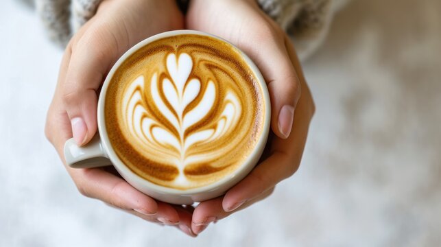 Close-up view of a cup of coffee with heart shape latte art in hands.