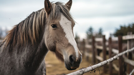  a brown and white horse standing next to a wooden fence with barbed wire on top of it's head.