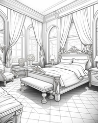 Black and white clean coloring page for adults, luxury modern bedroom