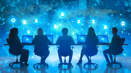 Silhouettes of young individuals with laptops engrossed in the world of social media icons