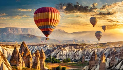 Fototapeten Hot air balloon flying over rocky landscape in Cappadocia © blackdiamond67