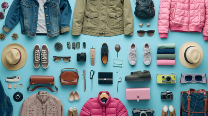 Flat Lay Compositions: Arrange the clothes, accessories, and shoes on a flat surface in an artful composition. Play with symmetry, color coordination. Generative AI

