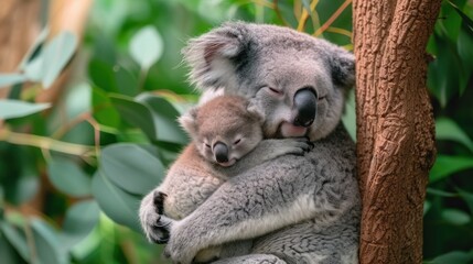  a baby koala cuddles on top of an adult koala's back in a eucalyptus tree.